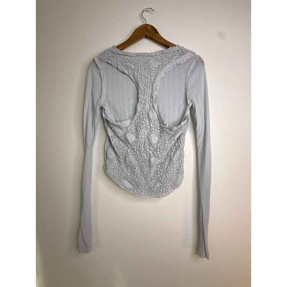 Free People Light Blue Lace Layered Long Sleeve Top Size M Boho